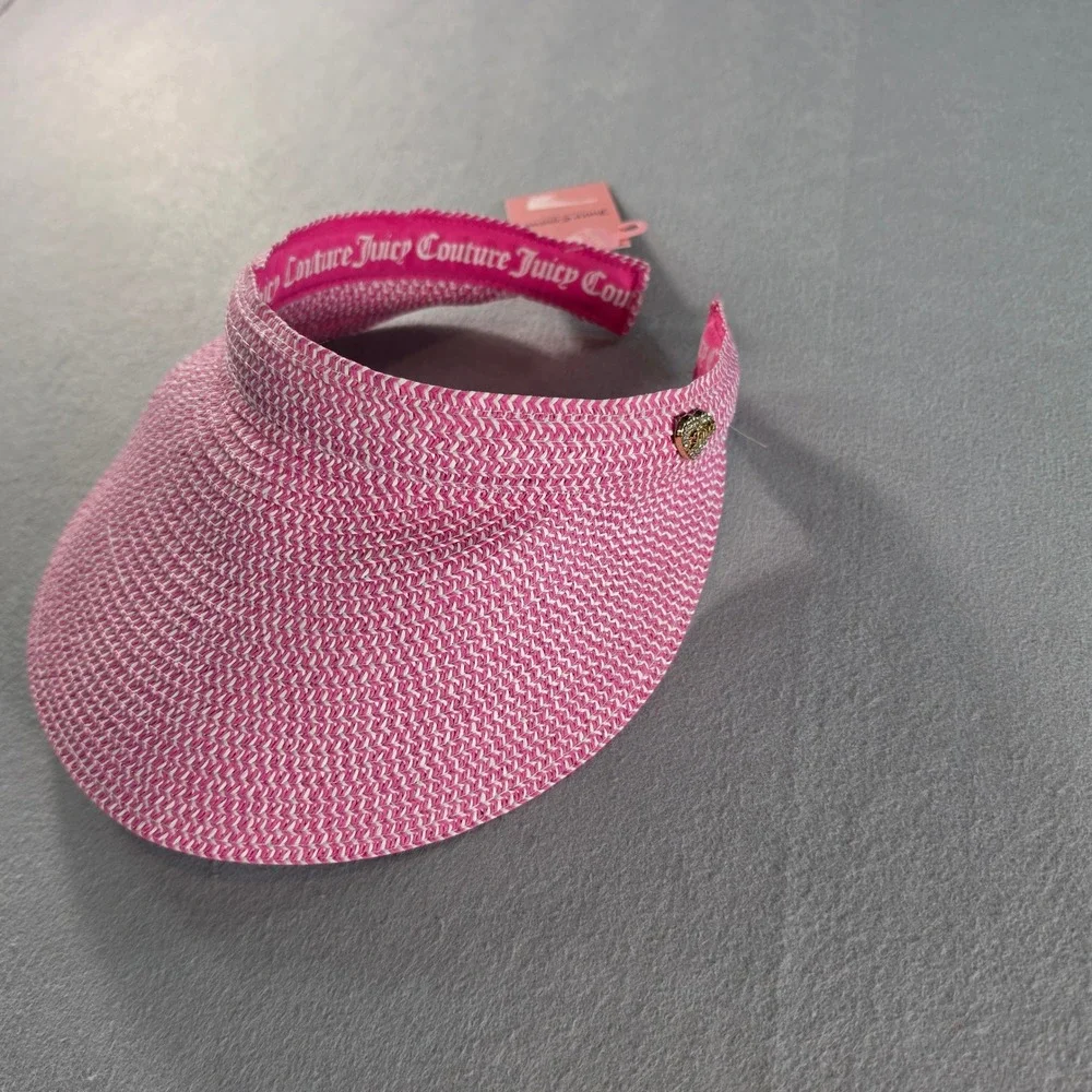 Juicy Couture Pink Woven Straw Visor Sun Hat Rhinestone Heart Charm NWT One Size